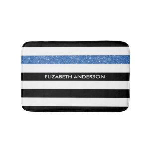 Modern Black Stripes FAUX Blue Glitz and Name Bath Mat