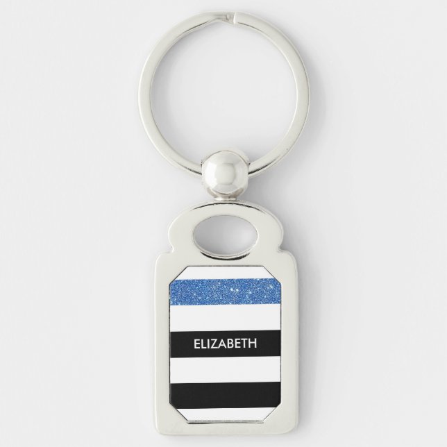 Modern Black Stripes FAUX Blue Glitz and Name Key Ring (Front)