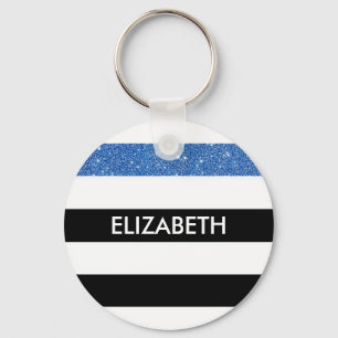 Modern Black Stripes FAUX Blue Glitz and Name Key Ring