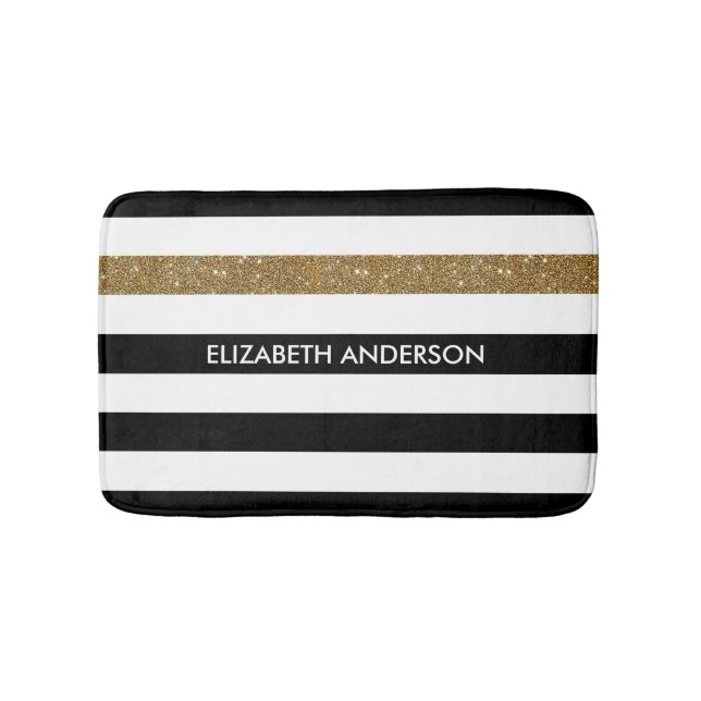 Modern Black Stripes FAUX Gold Glitz and Name Bath Mat (Front)