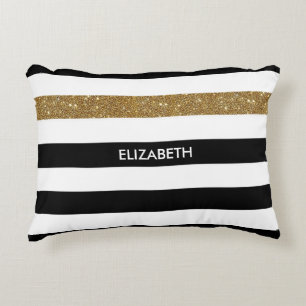 Modern Black Stripes FAUX Gold Glitz and Name Decorative Cushion