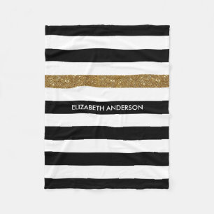 Modern Black Stripes FAUX Gold Glitz and Name Fleece Blanket