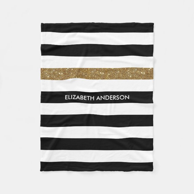 Modern Black Stripes FAUX Gold Glitz and Name Fleece Blanket (Front)