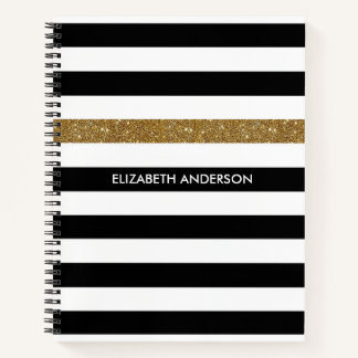 Modern Black Stripes FAUX Gold Glitz and Name Notebook