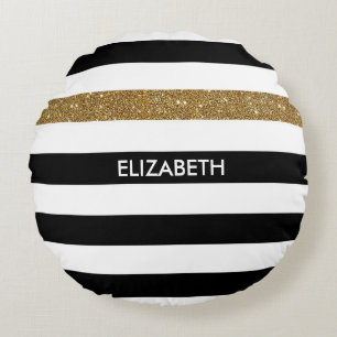 Modern Black Stripes FAUX Gold Glitz and Name Round Cushion