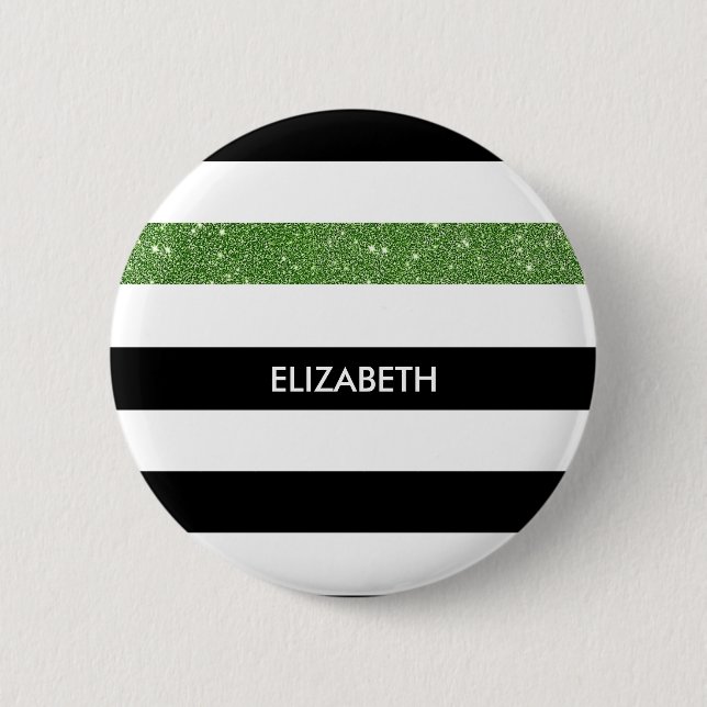 Modern Black Stripes FAUX Green Glitz and Name 6 Cm Round Badge (Front)
