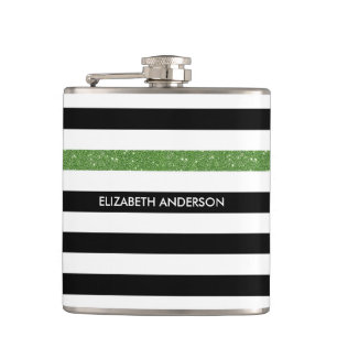 Modern Black Stripes FAUX Green Glitz and Name Hip Flask