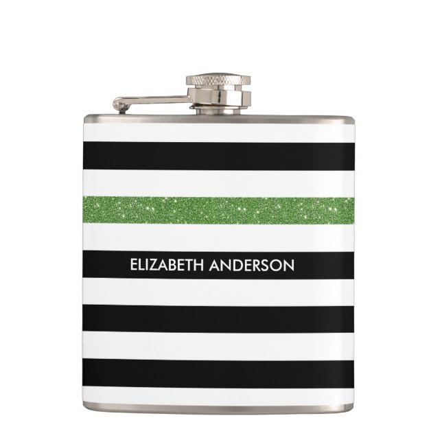 Modern Black Stripes FAUX Green Glitz and Name Hip Flask (Front)
