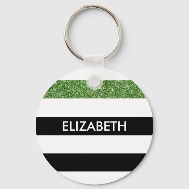 Modern Black Stripes FAUX Green Glitz and Name Key Ring (Front)