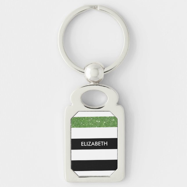 Modern Black Stripes FAUX Green Glitz and Name Key Ring (Front)