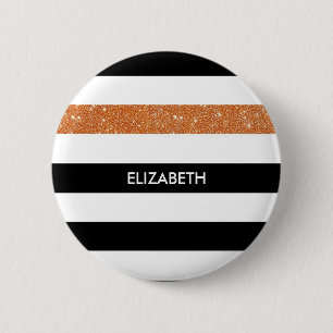 Modern Black Stripes FAUX Orange Glitz and Name 6 Cm Round Badge