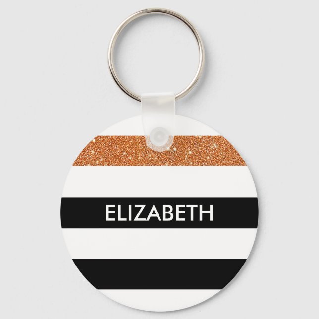Modern Black Stripes FAUX Orange Glitz and Name Key Ring (Front)