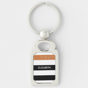 Modern Black Stripes FAUX Orange Glitz and Name Key Ring