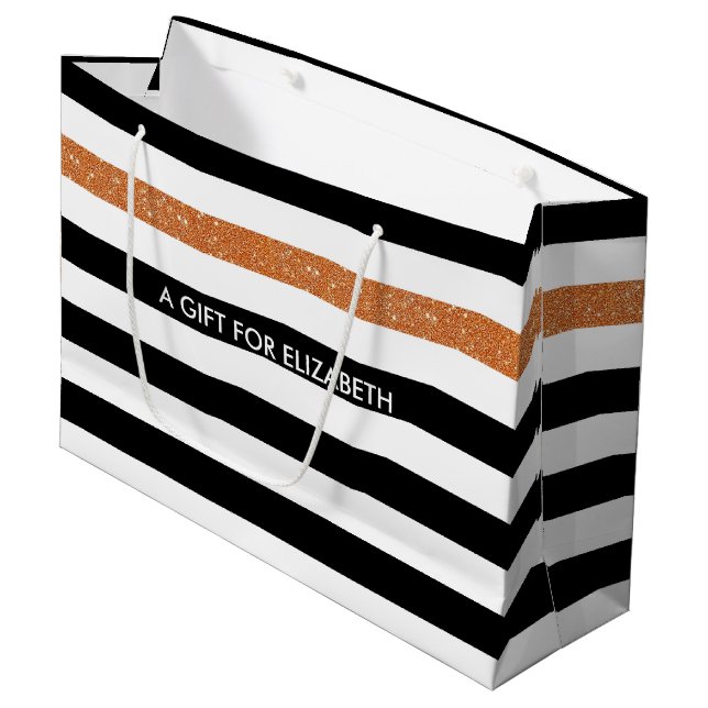 Modern Black Stripes FAUX Orange Glitz and Name Large Gift Bag (Front Angled)