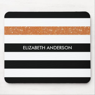 Modern Black Stripes FAUX Orange Glitz and Name Mouse Pad