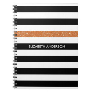 Modern Black Stripes FAUX Orange Glitz and Name Spiral Notebook