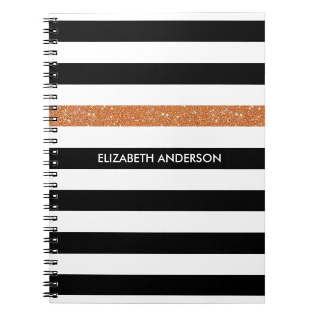 Modern Black Stripes FAUX Orange Glitz and Name Spiral Notebook (Front)