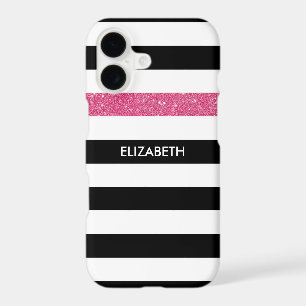 Modern Black Stripes FAUX Pink Glitz and Name