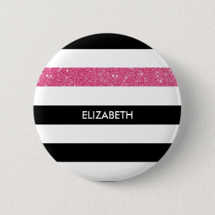 Modern Black Stripes FAUX Pink Glitz and Name 6 Cm Round Badge