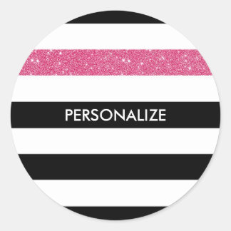 Modern Black Stripes FAUX Pink Glitz and Name Classic Round Sticker