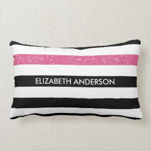 Modern Black Stripes FAUX Pink Glitz and Name Lumbar Cushion