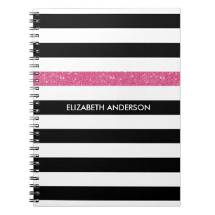 Modern Black Stripes FAUX Pink Glitz and Name Spiral Notebook