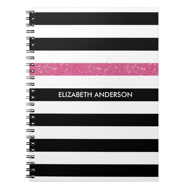 Modern Black Stripes FAUX Pink Glitz and Name Spiral Notebook (Front)