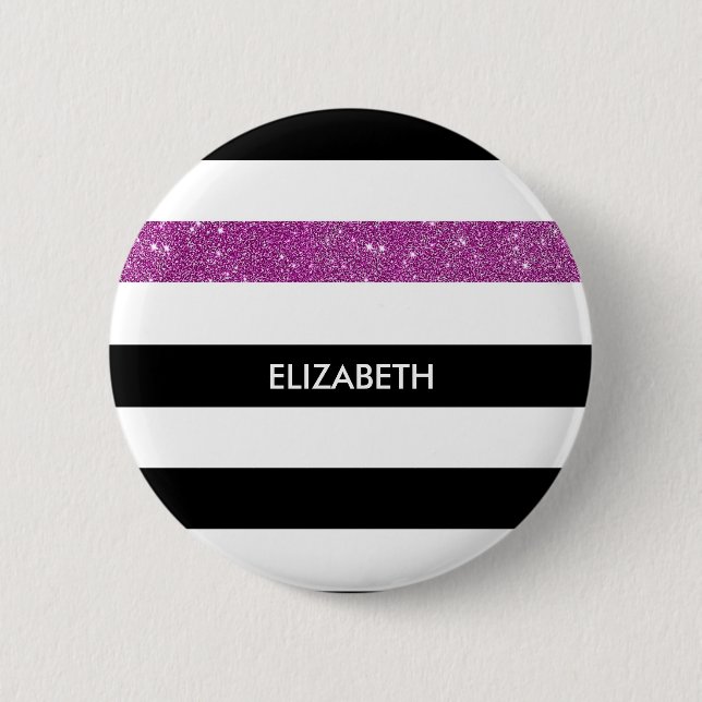 Modern Black Stripes FAUX Purple Glitz and Name 6 Cm Round Badge (Front)