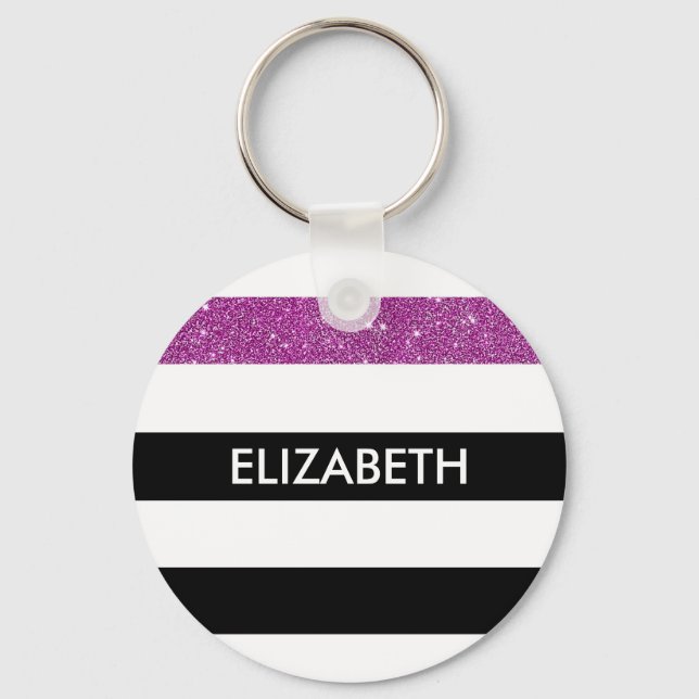 Modern Black Stripes FAUX Purple Glitz and Name Key Ring (Front)