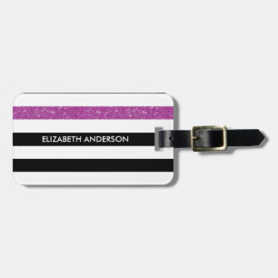 Modern Black Stripes FAUX Purple Glitz and Name Luggage Tag
