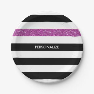 Modern Black Stripes FAUX Purple Glitz and Name Paper Plate