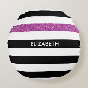 Modern Black Stripes FAUX Purple Glitz and Name Round Cushion