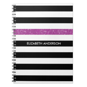 Modern Black Stripes FAUX Purple Glitz and Name Spiral Notebook