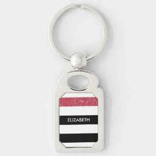 Modern Black Stripes FAUX Red Glitz and Name Key Ring
