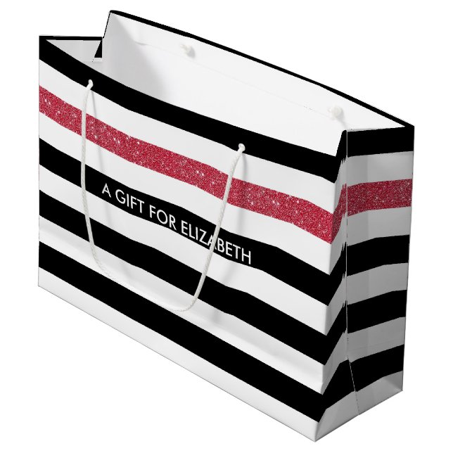 Modern Black Stripes FAUX Red Glitz and Name Large Gift Bag (Front Angled)