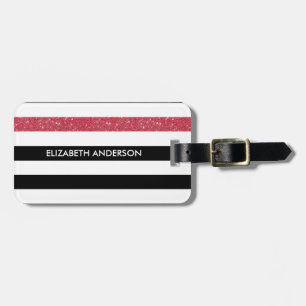 Modern Black Stripes FAUX Red Glitz and Name Luggage Tag