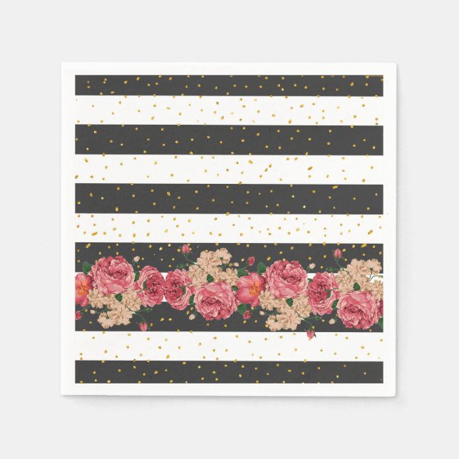 Modern black stripes gold faux glitter floral napkin (Front)