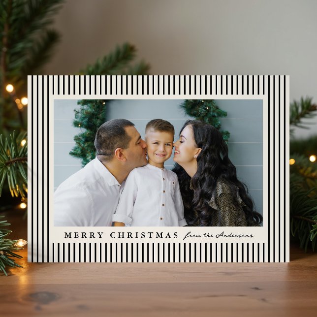 Modern Black Stripes Merry Christmas 2 Photo Holiday Card (Creator Uploaded)