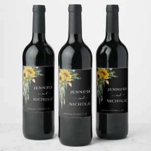 Modern Black Sunflower Black Wedding  Wine Label