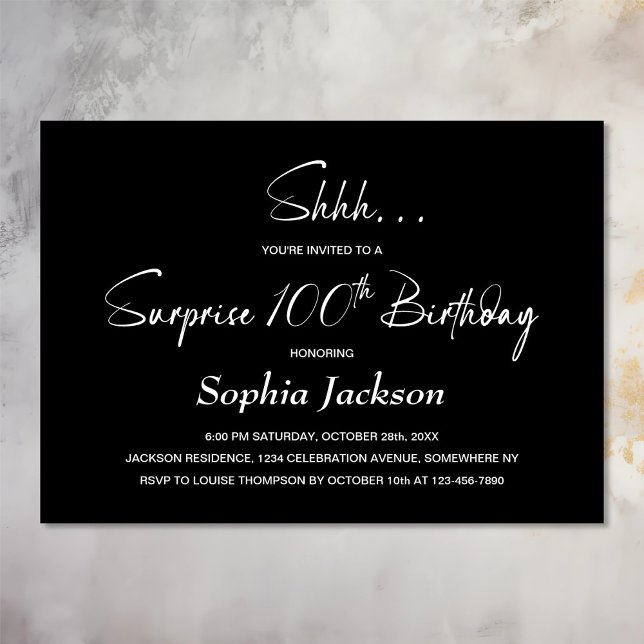 Modern Black Surprise 100th Birthday Party Invitation (Creator Uploaded)