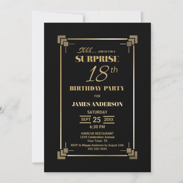 Modern Black Surprise 18th Birthday Party Invitation (Front)
