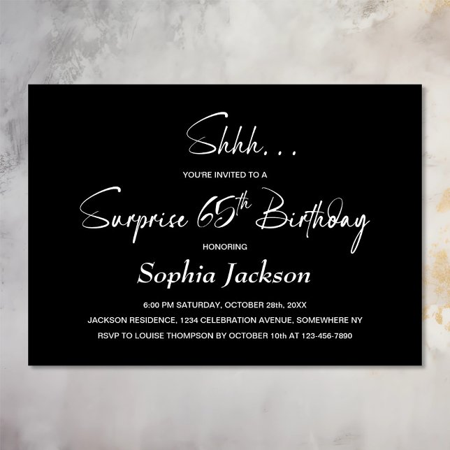Modern Black Surprise 65th Birthday Party Invitation (Creator Uploaded)