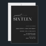 Modern Black Sweet Sixteen | Sleek 16th Birthday Invitation<br><div class="desc">Modern minimal 16th birthday party invitations with an off-centre design. Contrasting black with white font. The reverse side feature a fun "16" pattern. (Reverse side pattern can be removed,  if desired,  by using the design tool.)</div>