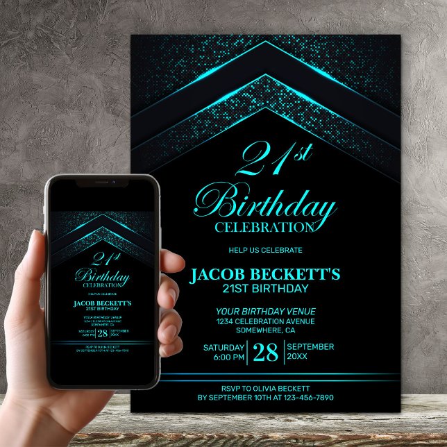 Modern Black Teal 21st Birthday Party Invitation (Creator Uploaded)