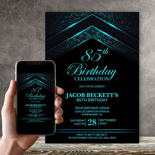 Modern Black Teal 85th Birthday Party Invitation (Creator Uploaded)