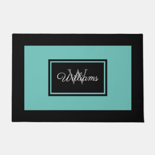Modern Black Teal Family Monogram Personalised Doormat