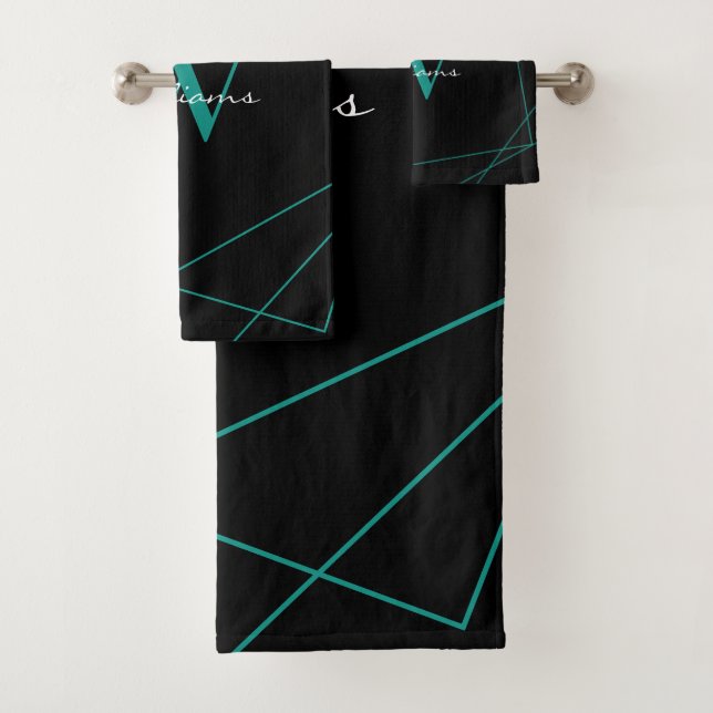 Modern Black Teal Monogram Geometric Name Script Bath Towel Set (Insitu)