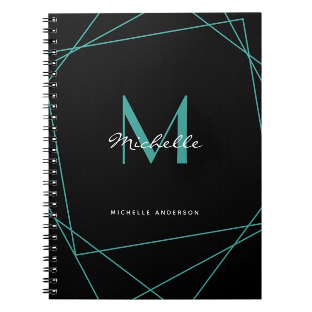 Modern Black Teal Monogram Name Initial Script Notebook (Front)