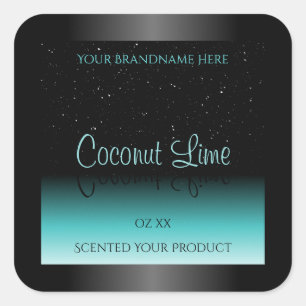 Modern Black Teal Ombre Product Label Soft Glitter