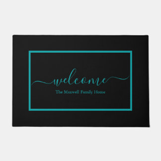 Modern black teal script family name welcome  doormat
